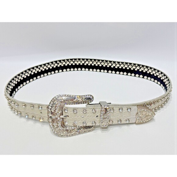 Genuine Leather Gray Croc Embossed Jeweled Rhinestones Western Belt Women’s S - Picture 2 of 16